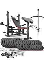 Conjunto de banco de musculação Hop-Sport com halteres de 165 kg e banco de musculação multifuncional HS-1075, apoio para rosca bíceps, aparelho para exercícios de borboleta e polia alta.