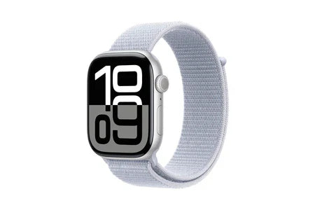 Apple Watch Series 10 GPS, caixa em alumínio de 46 mm, prateada, com bracelete desportiva Blue Cloud.