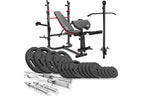 Conjunto de halteres Hop-Sport de 106 kg e banco de musculação multifuncional HS-1065 com apoio para rosca bíceps, aparelho para exercícios de borboleta, polia alta e conjunto de anilhas em ferro fundido.