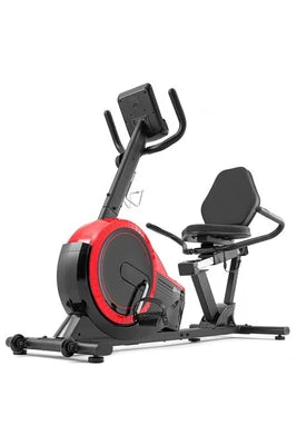 Bicicleta de exercício semi-reclinada Hop-Sport HS-060L Pulse, modelo vertical com encosto, 8 níveis de resistência magnética, volante de 15 kg, ecrã LCD, vermelha.