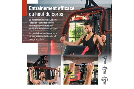 Estação de Musculação Multifunções Hop-Sport HS-1054K, 3 Estações + 72 kg, Saco de Pancada, Luvas de Boxe, Módulo Borboleta, Barra