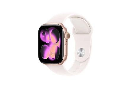 Apple Watch Series 11 GPS, caixa em alumínio dourado rosê de 42 mm com bracelete desportiva rosa claro - Tamanhos S/M