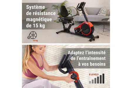 Bicicleta de exercício semi-reclinada Hop-Sport HS-060L Pulse, modelo vertical com encosto, 8 níveis de resistência magnética, volante de 15 kg, ecrã LCD, vermelha.