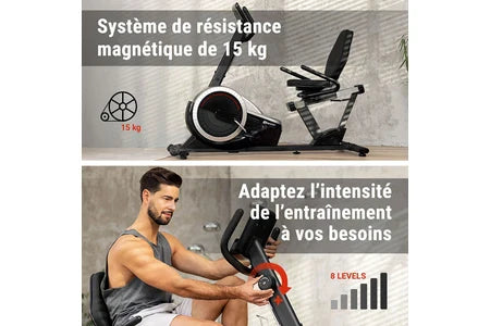 Bicicleta de exercício semi-reclinada Hop-Sport HS-060L Pulse, modelo vertical com encosto, 8 níveis de resistência magnética, volante de 15 kg e ecrã LCD.