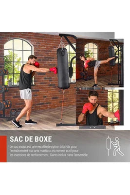 Estação de Musculação Multifunções Hop-Sport HS-1054K, 3 Estações + 72 kg, Saco de Pancada, Luvas de Boxe, Módulo Borboleta, Barra