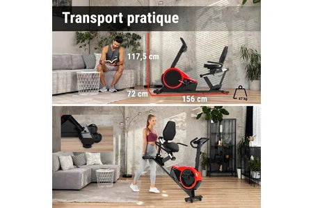 Bicicleta de exercício semi-reclinada Hop-Sport HS-060L Pulse, modelo vertical com encosto, 8 níveis de resistência magnética, volante de 15 kg, ecrã LCD, vermelha.
